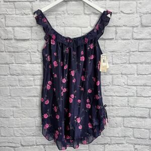 Cinema Etoile Nightgown Size M Navy Blue Pink Flowers Silky Shiny Short New